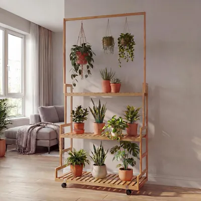 Image de Étagère à plantes en bambou HWC-Q33, escalier à fleurs, support à fleurs, escalier à plantes, tige, 3 tablettes, roulettes, 175 x 93 x 38 cm ~ naturel