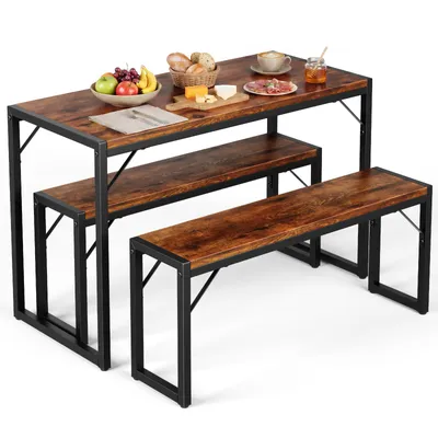 Produktbild von HOKEEPER Esstisch Set mit 2 Bänken, Platzsparende Sitzgruppe für Küche, Esszimmer & Restaurant, Industrial Tischgruppe mit Stahlrahmen,Dunkelbraun