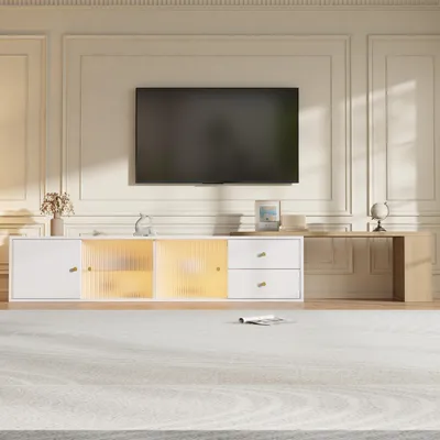 Immagine prodotto di Mobile TV a ribalta con illuminazione LED, 2 cassetti, 2 ante scorrevoli in vetro, mobile TV con spazio contenitivo, mobile TV, bianco e legno