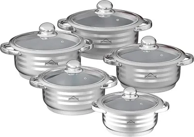 Imagen del producto de Juego de ollas de acero inoxidable con tapa, 10 piezas, de 16/18/20/22/24 cm, apto para inducción