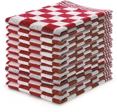 Obrázek produktu pro Sada 10 kuchyňských utěrek Unyqoos® LINNICK – rozměr 50x50 cm, kostkovaný červený design, 100% bavlna, gramáž 450 g/m², vysoká savost, s poutkem na zavěšení