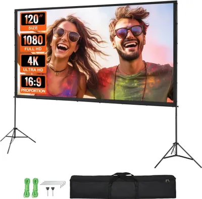 Obrázok produktu pre Stojan na projekčné plátno Beamer - 120" HD 4K - vonkajšie interiérové projekčné plátno - skladacie prenosné filmové plátno - 16:9 - domáce kino, kemping, voľný čas - čierna