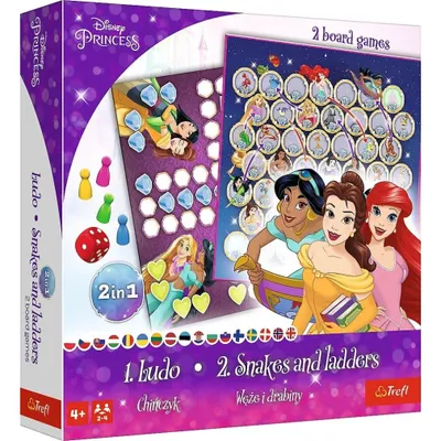 The image shows the packaging of a Disney Princesses board game set, featuring characters from the franchise and details about the games included.