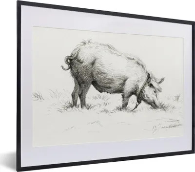 Produktbild von MuchoWow® MuchoWow® Gerahmtes Poster Stehendes Schwein im Gras - Gemälde von Jean Bernard 40x30 cm - Poster mit zchwarzem Bilderrahmen - Bilderrahmen - Poster im Rahmen
