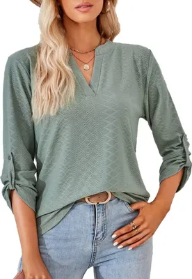 Image de ASKSA Chemisier Femme Col en V Hauts unis Elégant Tunique Causal en vrac Tops, Vert Foncé, S