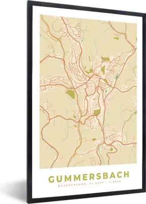 Produktbild von MuchoWow® Gerahmtes Poster Stadtplan - Gummersbach - Stadtplan - Vintage 20x30 cm - Poster mit Schwarzem Bilderrahmen Wandposter Rahmen Foto Bilder - Drucken - Bilder Poster im Rahmen