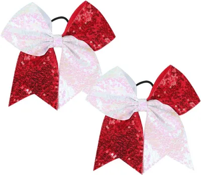 Produktbild von 2 Stück 18 cm große Pailletten-Schleifen-Haargummis für Pferdeschwänze, glitzernde Cheerleading-Haarbänder, dehnbare Schleifen, elastischer Haarschmuck in Rot und Weiß