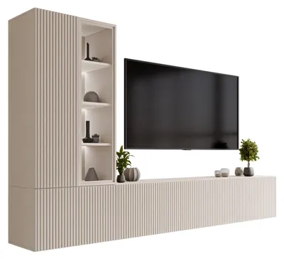 Produktbild von MIRJAN24 Wohnwand Tiwori, Stilvoll Wohnzimmer-Set, TV-Schrank, Modern Mediawand (Cashmere / Cashmere + Travertin mit Weißer LED-Beleuchtung), KI-generiertes Bild