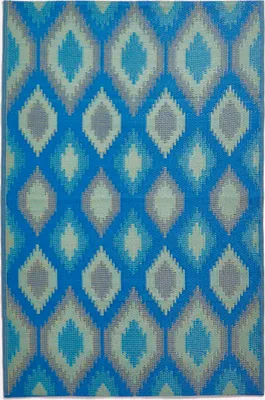Image de Tapis d'extérieur HOMESCAPES résistant aux intempéries, bleu-vert, 180 x 270 cm, tapis de jardin Amber à motif ikat, tapis de balcon réversible