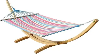 Produktbild von 410cm XXL Hängemattengestell Natur-BUNT Hängematte mit Gestell aus Holz Lärche Natur mit Stabhängematte gestreift
