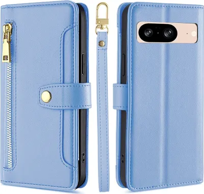 Produktbild von Handykette Google Hülle mit Band Handyhülle Kartenfächer Kunstleder Umhängetasche Pixel 8 Hellblau