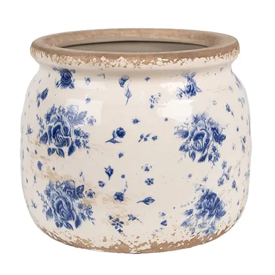 Image de Clayre & Eef Pot de fleurs intérieur Ø 16x13 cm Beige Bleu Céramique Roses