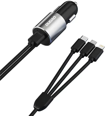 Image de Adaptateur de voiture Dudao 3 en 1 - Chargeur Lightning, USB-C, micro USB - Noir KP41428