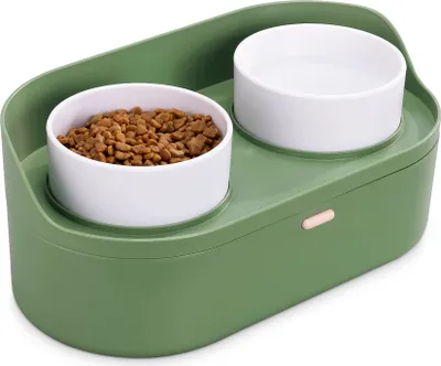 Produktbild von Navaris Futterstation für Katzen und Hunde inkl. Aufbewahrung - Anti-Spill Futternapf Set - 2x Fressnapf für Wasser Nass- und Trockenfutter erhöht