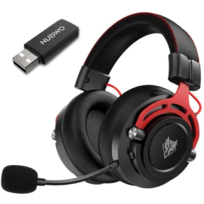 A wireless gaming headset and its USB dongle are shown against a white background.