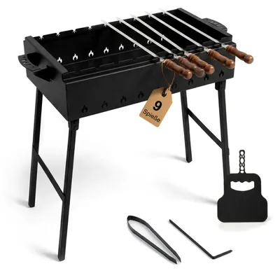 Produktbild von Klappbarer Schaschlikgrill aus 2 mm Stahl, 60 cm lang, Holzkohlegrill mit 9 Edelstahlspießen mit Holzgriff & Grillfächer – BBQ Mangal für Grillspieße oder Grillrost, ideal für Picknick, Garten & Camping