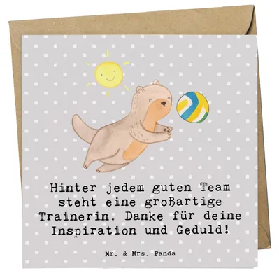 Produktbild von Mr. & Mrs. Panda Glückwunschkarte Volleyball Trainerin - Grau Pastell - Geschenk, Grußkarte, Danksagung, Motivation, Sportart, Sport, Klappkarte, Unterstützung, Spielfeld
