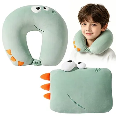 Obrázek produktu pro Omgoods – cestovní polštářek na krk pro děti (2 v 1) – design dinosaura – zelený