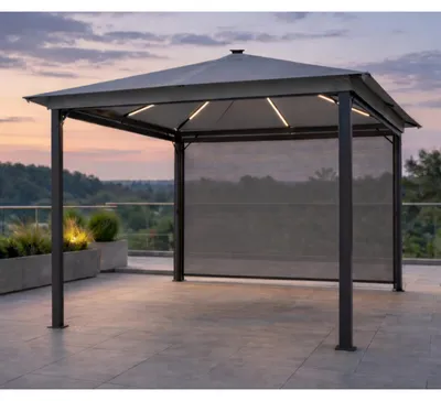 Produktbild von Leco Solar-Pavillon "Zoe" mit LED-Beleuchtung und Gittergewebe-Rollos lichtgrau 300 x 300 x 261 cm (L x B x H)