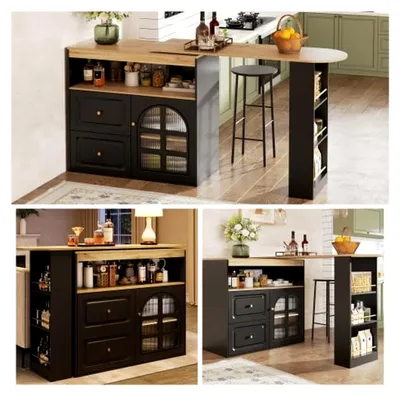 Produktbild von 360° drehbare und ausziehbare Essbar mit Bogenglas und 2 Schubladen, schwarzes Sideboard, 138-204x39x104 cm, Snackregal für Wohnzimmer, Esszimmer, Schlafzimmer