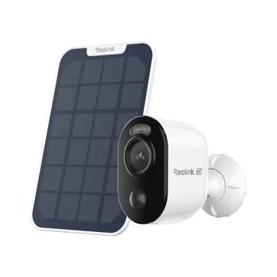 A white security camera with a solar panel.