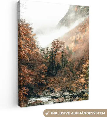Produktbild von MuchoWow® - Leinwandbilder - Natur - Wald - Nebel - Herbst, Wandbild, Wanddeko Bilder Wohnzimmer, 60x80cm