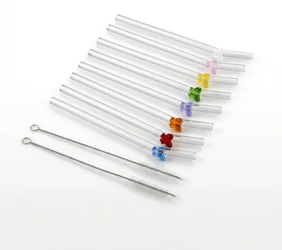 Produktbild von Glasstrohhalme - Wiederverwendbar und gebogen - Für Cocktails, Smoothies und Säfte - 8 Stück, 20 cm lang, inklusive 2 Reinigungsbürsten