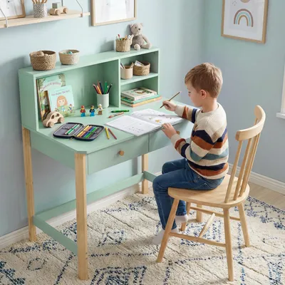 Produktbild von Kinderschreibtisch mit Schubladen & Regal, SchülerschreibtischHolz, Grün | 90x52x105 cm | 75 cm Tischhöhe | 50 kg | MDF & Kiefer