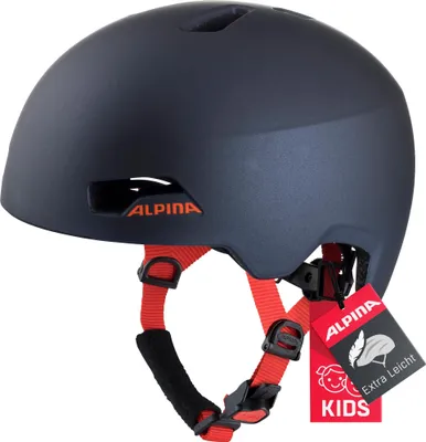 A dark blue children's helmet with red straps and a tag.