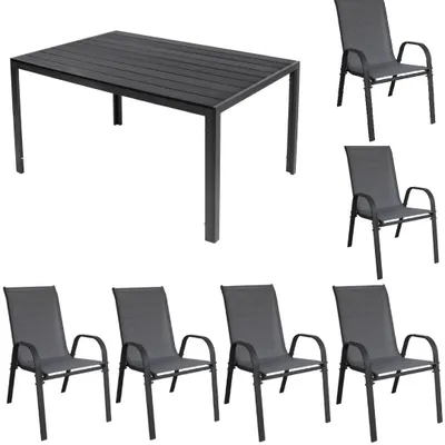 Produktbild von Gartenmöbel Set Alu Tisch 7-tlg. 6x Garten Stapelsessel Essgruppe Gartenset Sitzgruppe anthrazit