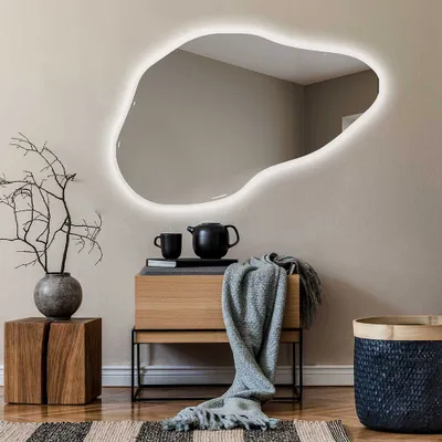 Produktbild von Unregelmäßiger asymmetrischer Spiegel mit LED Beleuchtung 129x84 cm - mit LED Beleuchtung - LED Farbe Kaltweiß 7000K - Individuell Nach Maß - Beleuchtet Wandspiegel Lichtspiegel Badezimmerspiegel POD221