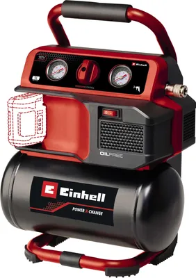 A red and black Einhell battery-powered air compressor is shown against a white background.