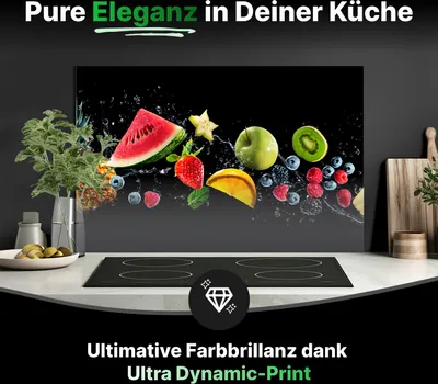 Produktbild von Spritzschutz Küchenrückwand Glas 90 x 50 cm Bunte Früchte mit Wasserspritzern - RUECKWAND24