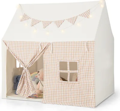 Produktbild von GOPLUS Spielzelt Indoor, Kinderzelt mit Matte, Sternenlichtern & Karierten Wimpeln, Kinder Spielhaus mit Fenstern, aufrollbaren Türen & Flaggenbanner & Seitentaschen für Kinder von 3–8 Jahren