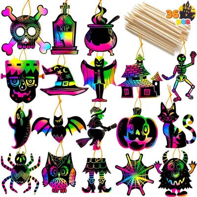 Produktbild von Bastelset Halloween Kratzbilder 36 Stück mit 18 Designs für Kinder