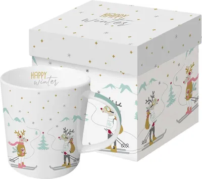Produktbild von Kaffeebecher, Happy Winter mit Geschenkbox, Hirsche Ski  Henkelbecher Tasse
