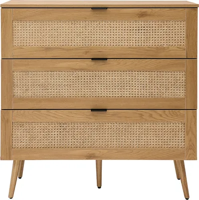 Produktbild von Miliboo - Kommode aus hellem Holz, Rattangeflecht und schwarzem Metall 3 Schubladen L100 cm MANILLE