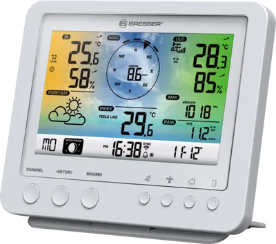 A white Bresser weather station displaying various weather data.