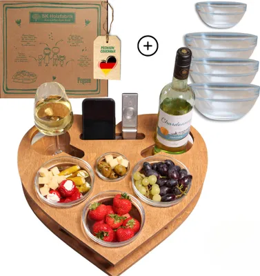 Produktbild von Herz Couchbar in Eiche handgefertigt mit 4 Glasschalen - Sofatablett für Snacks & Getränke [stabil & sicher] Getränkehalter für das Sofa - Couchtablet