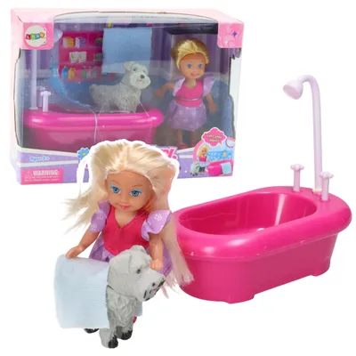 Zdjęcie produktu dla Mini zestaw lalek z wanną i białym psem w kolorze różowym