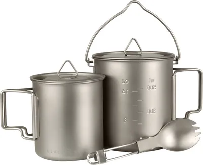 Produktbild von Campinggeschirr Set aus Titan - 3-teilig & ultraleicht - mit 750?ml Topf, 420?ml Topf & Göffel - kompakt verstaubar inkl. Beutel - Titanium - OneSize
