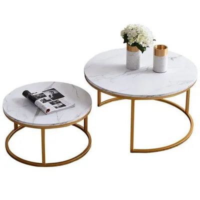 Produktbild von Fortuna Lai Couchtisch 2er Set Weiß Gold Marmoroptik Sofatisch Rund Modern – 80cm & 60cm, Beistelltisch, Wohnzimmer, Dekotisch, Nesting Tische