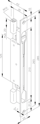 Technical drawing with dimensions of a door lock mechanism.