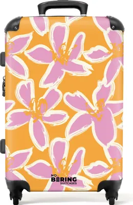 Produktbild von NoBoringSuitcases.com® Großer Koffer - Orange mit rosa Blüten - Kombinationsschloss TSA - Hartschalen Trolley 4 Rollen - 72 liter - Reisekoffer - 66 cmKoffer Mittelgroß 67x43x25 cm, 72L,
