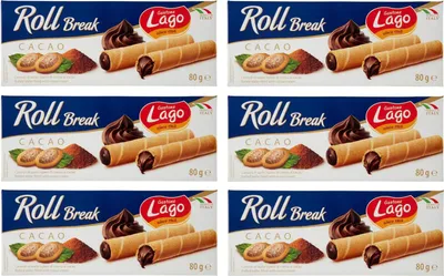Produktbild von 6x Gastone Lago Roll Break Cacao Waffelpad Wafer gefüllt mit Kakaocreme 80g