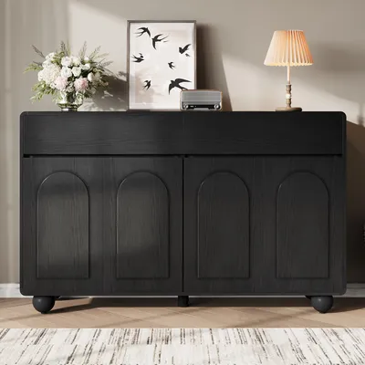 Produktbild von Merax Sideboard mit geschwungenen Türen, Kommode mit 2 Schubladen und 4 Türen, Stauraumschrank aus MDF und PB mit Metallfüße, Schwarz