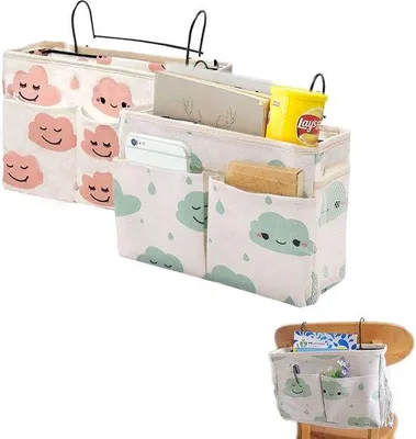 Produktbild von Unyqoos® Bett-Organizer 2er Set – hängende Baumwolle‑Leinen Aufbewahrung, wasserdicht mit stabilem Eisenhaken für Etagenbett, Bücher, Handy & Fernbedienung