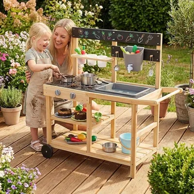 Imagen del producto de Cocina de juguete para niños, para exteriores, con depósito de agua y grifo