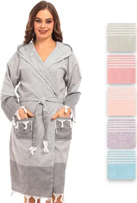 Produktbild von Bademantel Damen & Herren Uni – Weich & Leicht Langform, 100% Baumwolle, mit Kapuze, & Gürtel, Hamamtuch-Stil mit Taschen – Ideal für Sauna_Lila