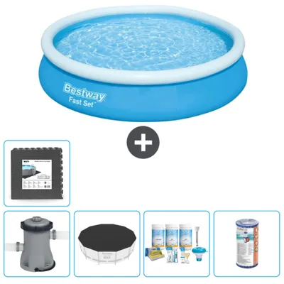 Produktbild von Bestway runder aufblasbarer Fast-Set-Schwimmpool – 366 x 76 cm – Blau – inklusive Pumpe Abdeckung - Wartungspaket - Filter - Bodenfliesen